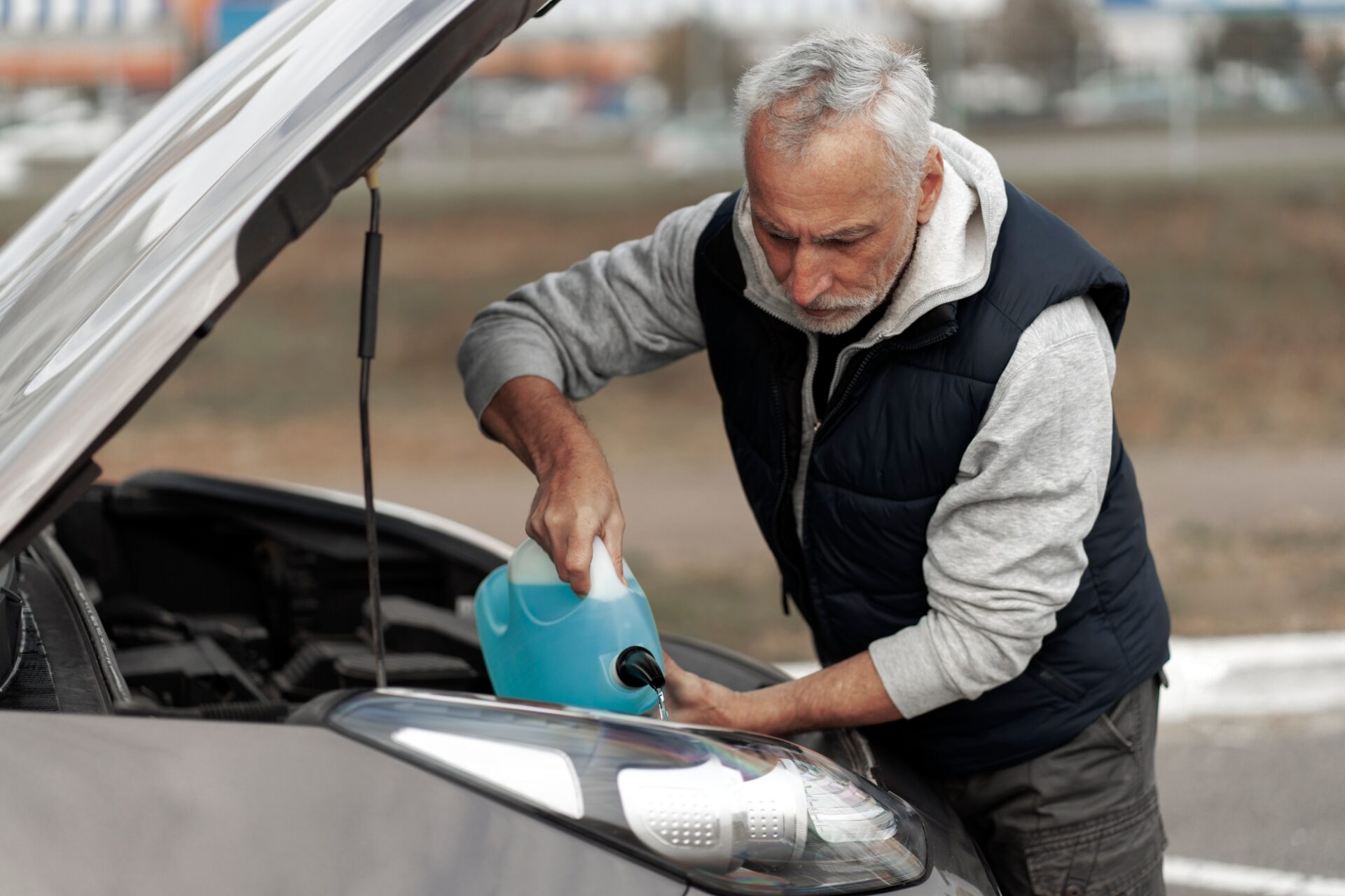 Homme âgé du Caucase debout près de sa voiture avec une capuche ouverte, remplissant le liquide de refroidissement antigel, un liquide bleu en bouteille pour nettoyer le pare-brise. 