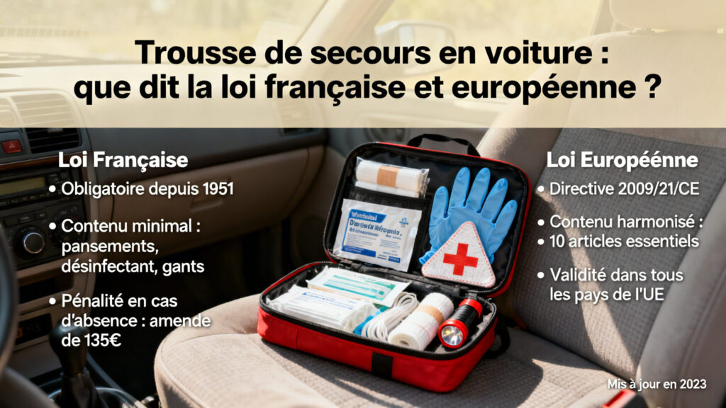 Trousse de secours en voiture : que dit la loi française et européenne ? with any text