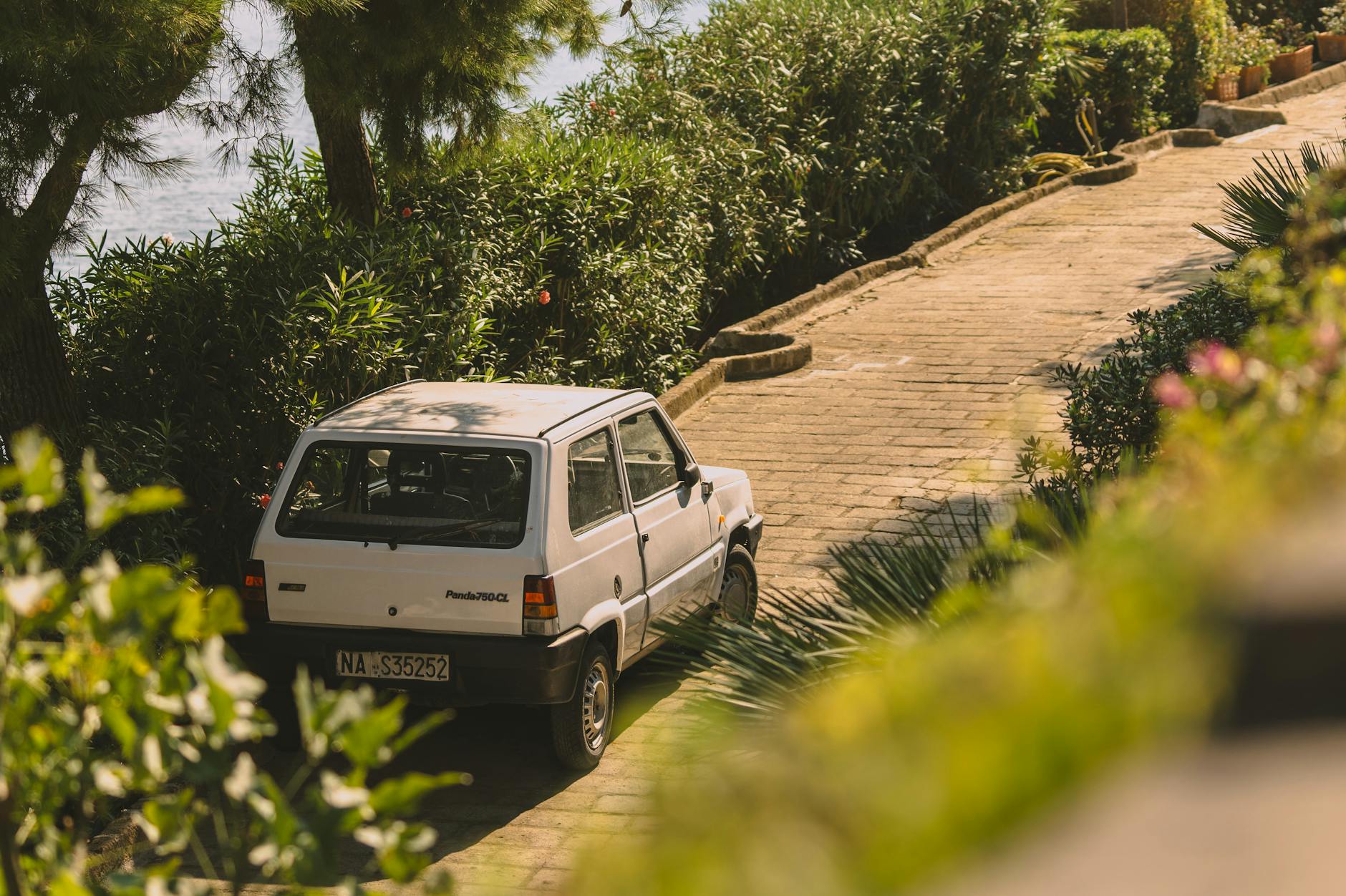 Une Fiat Panda blanche sur un chemin pavé serein entouré de verdure à Naples, en Italie.