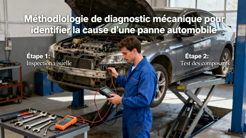 Méthodologie de diagnostic mécanique pour identifier la cause d'une panne automobile with any text