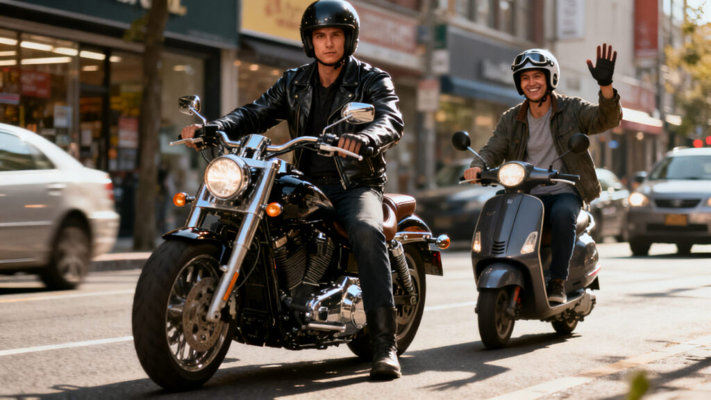 Les raisons pour lesquelles les motards évitent souvent de saluer les conducteurs de scooters. without any text