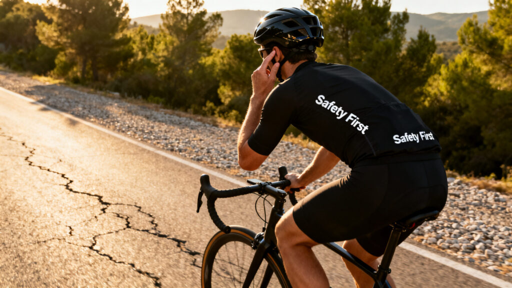 Signification du geste d'un cycliste tapotant son casque avec la main with any text