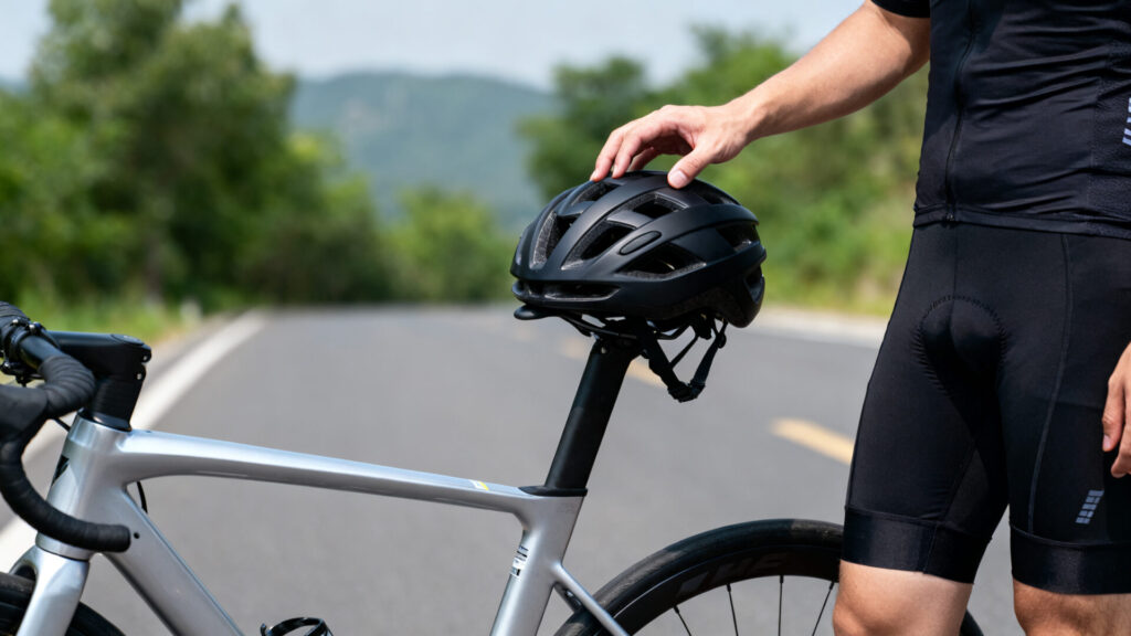 Signification du geste d'un cycliste tapotant son casque avec la main without any text