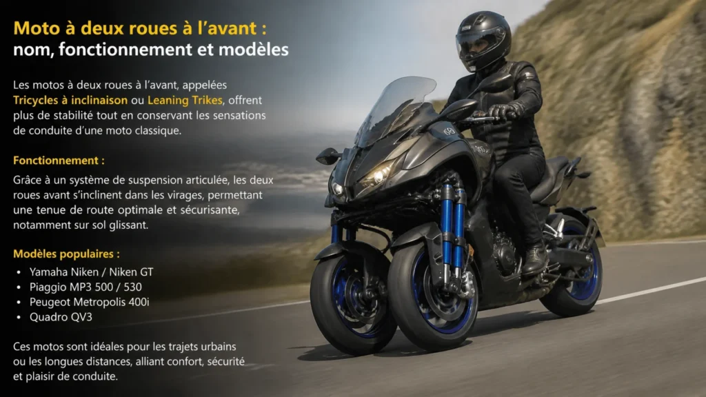 Moto à deux roues à l’avant : nom, fonctionnement et modèles with any text