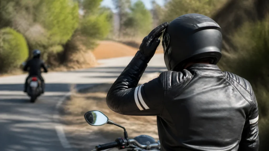 Que signifie le geste d’un motard qui tape deux fois sur son casque ? without any text