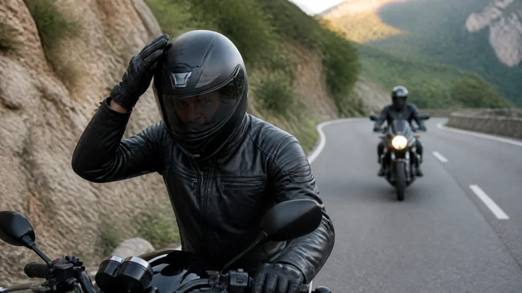 Que signifie le geste d’un motard qui tape deux fois sur son casque ? without any text