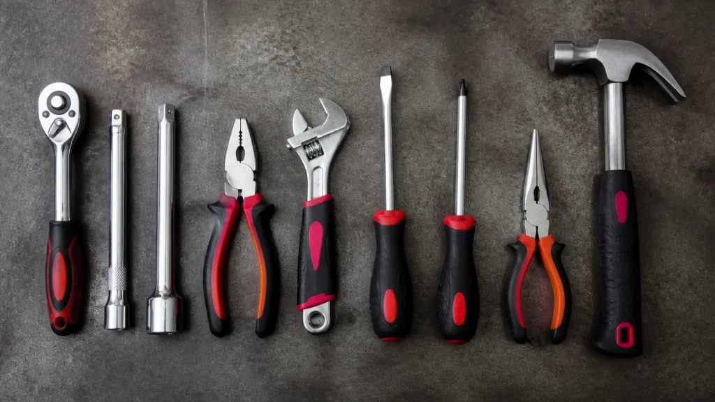 The 10 essential hand tools for an auto garage (without any text)