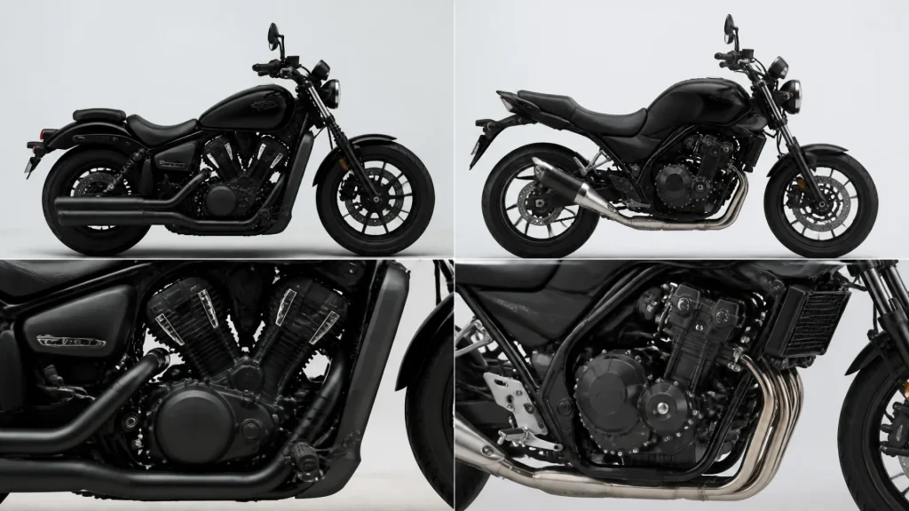 Twin-cylinder or four-cylinder motorcycle: what are the differences? (without any text)